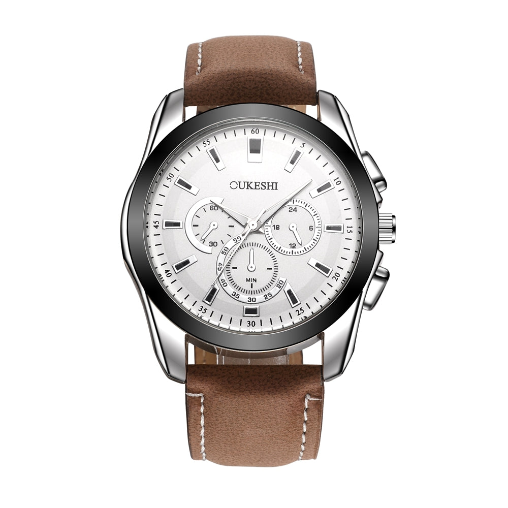 OUKESHI New Style Fashion Men Quartz Leather Watch with Rotatable Bezel Decorative Sub-dials
