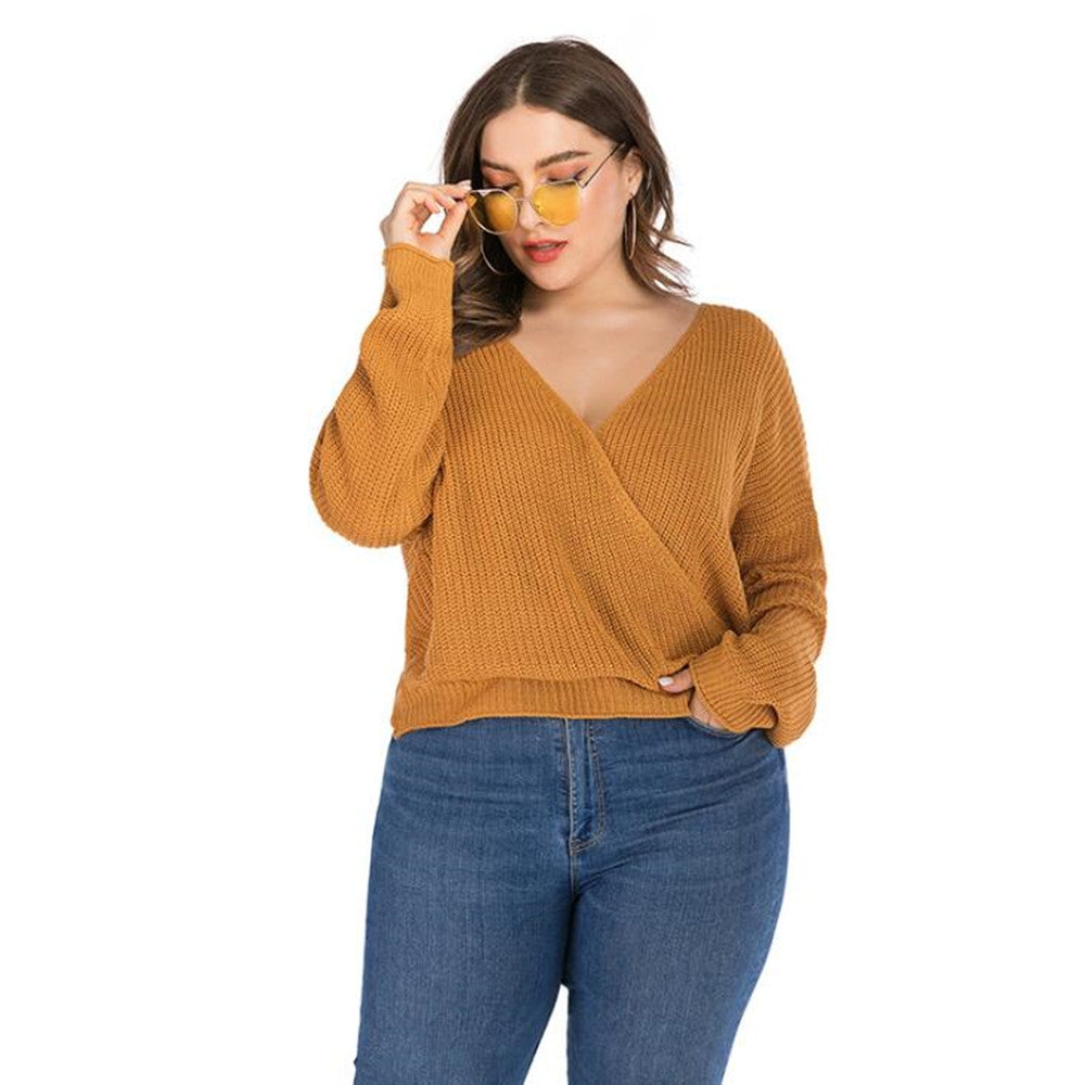 Women's V Neck Solid Colored Plus Size Back Hollow Short Sweater
