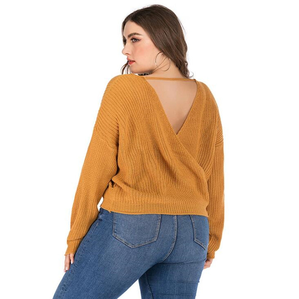 Women's V Neck Solid Colored Plus Size Back Hollow Short Sweater