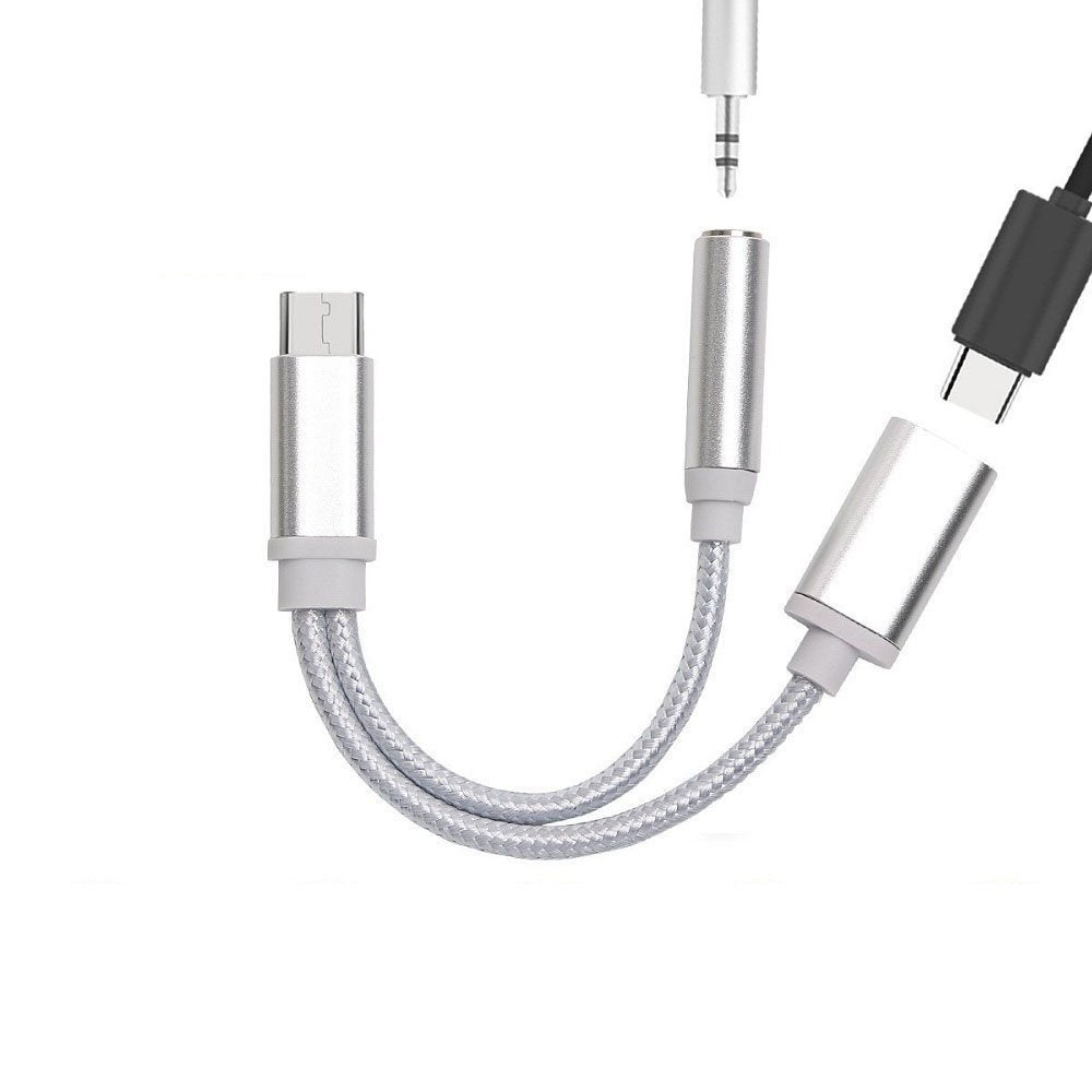 2 in 1 Nylon Braided USB 3.1 Type-C Charger and 3.5 mm Audio Headphone Jack Adapter Cable Converter