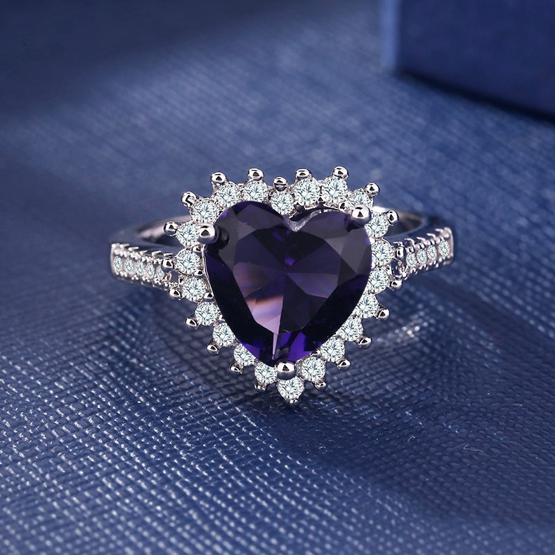 Exquisite Silver Natural Heart Amethyst Gemstone Bride Princess Engagement Ring