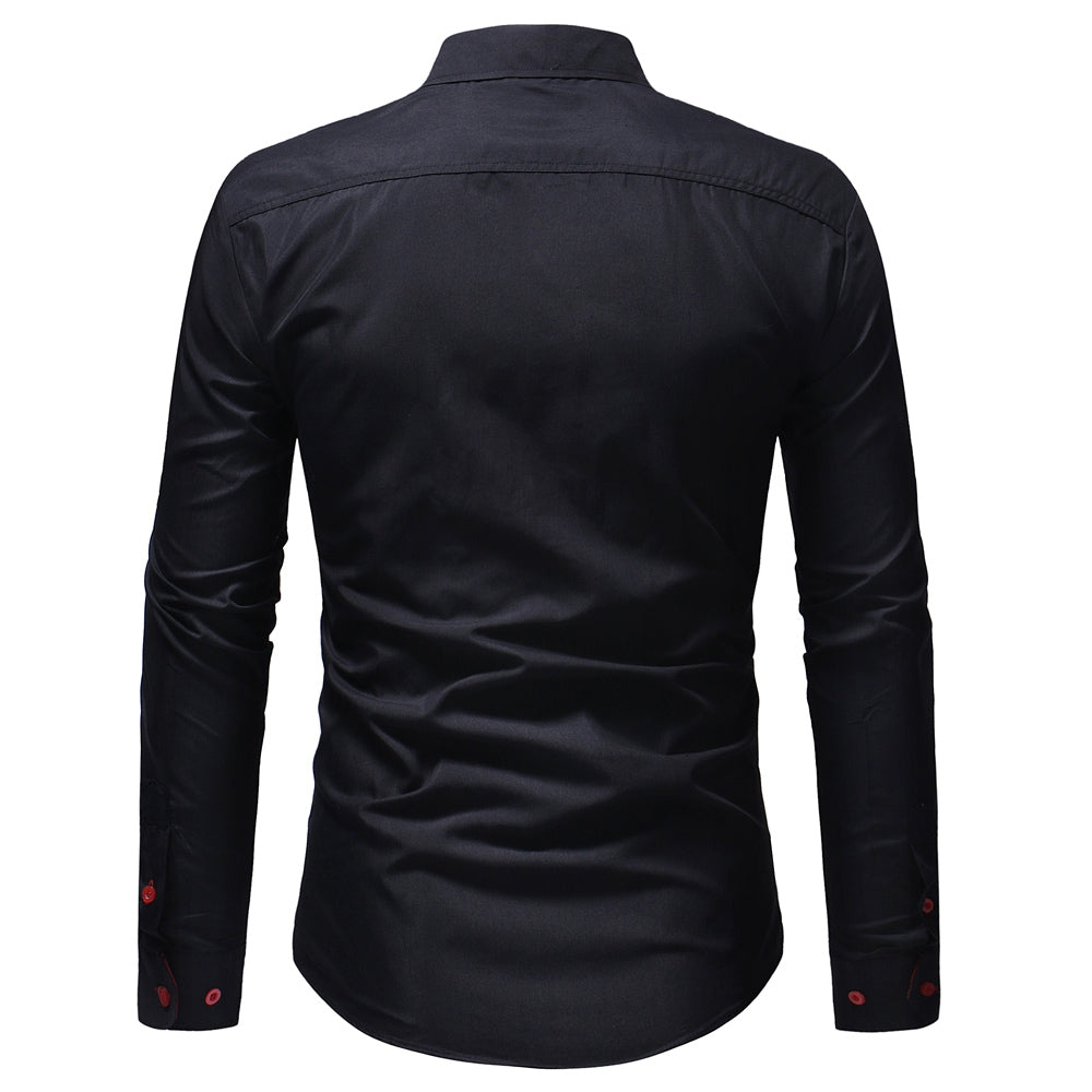 Men's Casual Slim Fit Chest Embroidered Long Sleeve Shirt