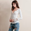 V-Neck Long Sleeve Lacework Spliced Button Design Women T-Shirt