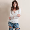 V-Neck Long Sleeve Lacework Spliced Button Design Women T-Shirt