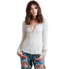 V-Neck Long Sleeve Lacework Spliced Button Design Women T-Shirt