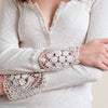 V-Neck Long Sleeve Lacework Spliced Button Design Women T-Shirt