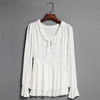Sexy Plunging Neck Long Sleeve Ruffled Slimming Solid Color T-Shirt for Women