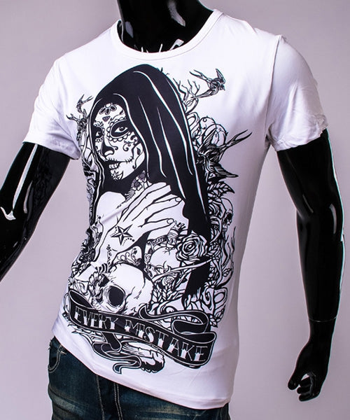 3D Tattoo Girl and Skull Print Round Neck Short Sleeve T-Shirt For Men