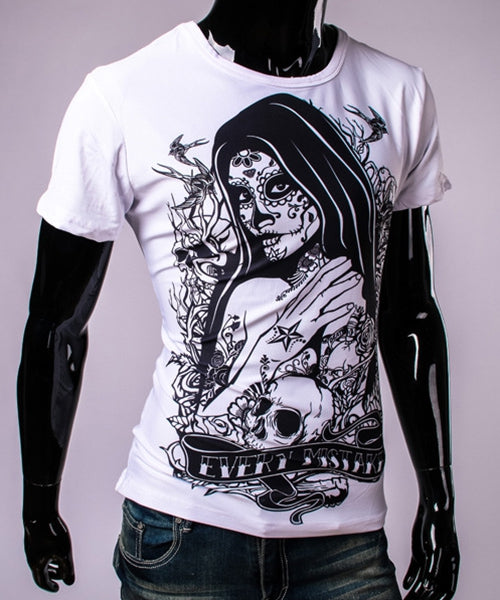 3D Tattoo Girl and Skull Print Round Neck Short Sleeve T-Shirt For Men