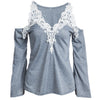 Sexy V-Neck Flare Sleeve Cut Out Lacework Deisgn Spliced T-Shirt for Women