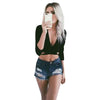 Casual Plunging Neck Three Quarter Sleeve Bandage Solid Color T-shirt for Women