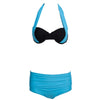 Sexy Halter Color-blocking High Waist Cotton Blend Two Piece Bikini Set for Women
