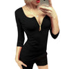 Brief Plunging Neck Three Quarter Sleeve Zipper Solid Color T-shirt for Women