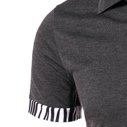 Zebra-Stripe Spliced Turn-down Collar Short Sleeves T-Shirt For Men