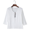 Brief Plunging Neck Three Quarter Sleeve Zipper Solid Color T-shirt for Women
