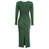 Simple Round Collar Long SLeeve Zipper Design Skinny Midi Dress for Women