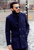 Knitted Lapel PU Leather Spliced Multi-Button Slimming Long Sleeves Men's Woolen Blend Thicken Peacoat