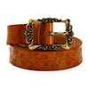 Vintage Women Leather Flower Print Metal Button Belt
