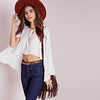 Stylish Round Collar Lace-up Ninth Bell Sleeve Patchwork Dolman Solid Color Tank Top for Women