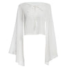 Stylish Round Collar Lace-up Ninth Bell Sleeve Patchwork Dolman Solid Color Tank Top for Women