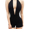 Sexy Halter Plunging Neck Sleeveless Off-the-shoulder Hollow Out Elastic Sheath Pure Color Romper