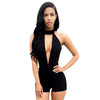 Sexy Halter Plunging Neck Sleeveless Off-the-shoulder Hollow Out Elastic Sheath Pure Color Romper