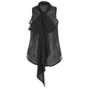 Sexy Bowknot Lace-up Sleeveless Perspective Front Single-breasted Pleats Patchwork Asymmetric Shirt for Women