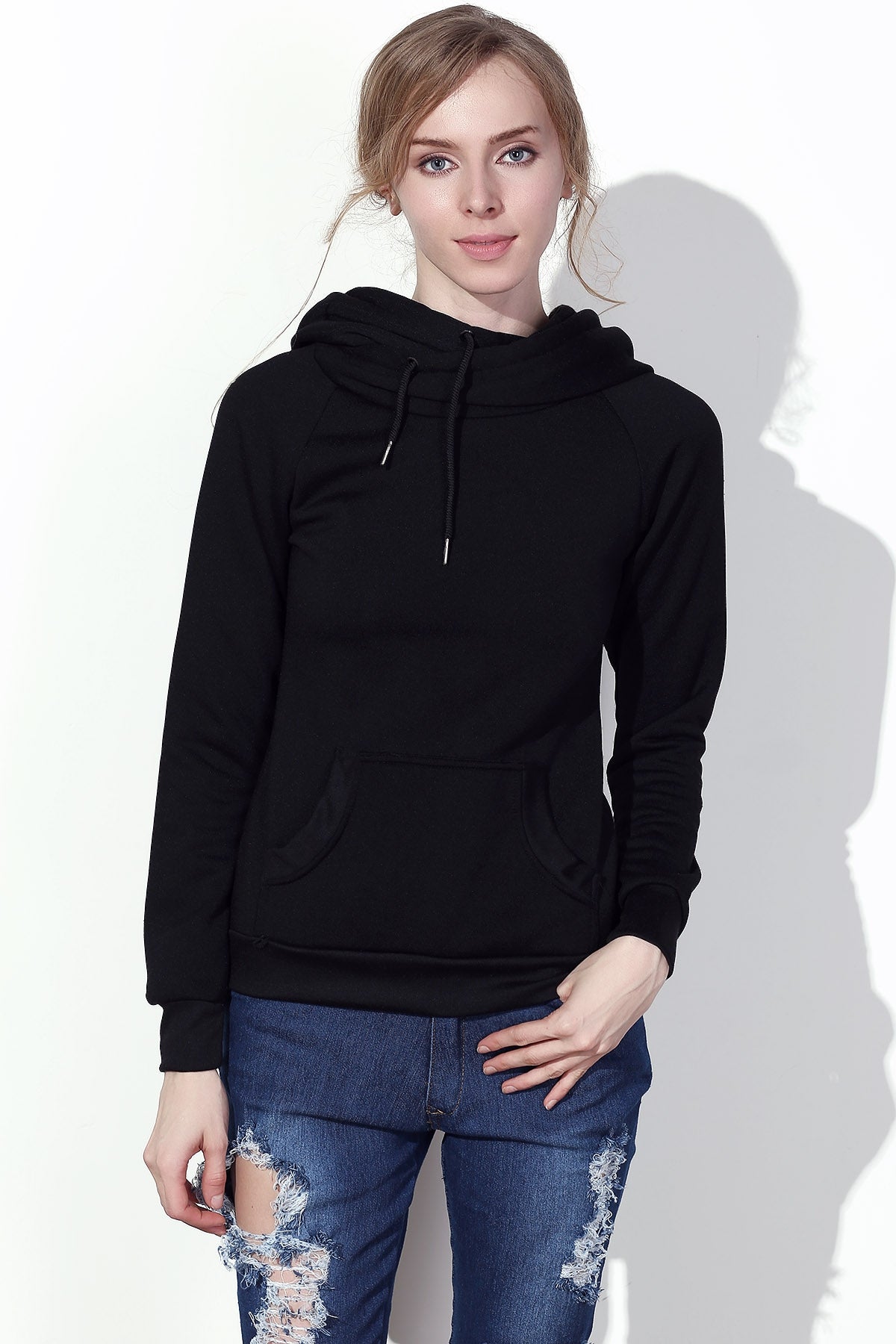 Stylish Hooded Long Sleeve Drawstring Solid Color Women's Hoodie