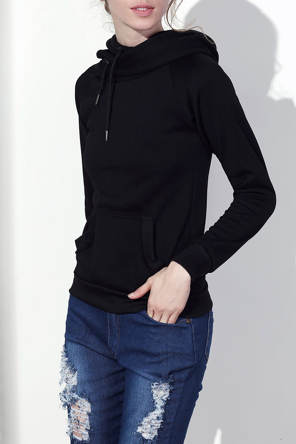 Stylish Hooded Long Sleeve Drawstring Solid Color Women's Hoodie