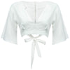 Sexy Plunging Neck Short Flare Sleeve Back Zipper Bowknot Lace-up Patchwork Crop Top for Women