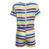 Casual Round Collar Short Sleeve Back Zipper Elastic Waist Straight Stripe Print Romper for Women