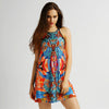 Chinoiserie Round Collar Suspender Phoenix Nirvana Print Hollow Out Bandage Slim Mini Dress for Women