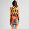 Chinoiserie Round Collar Suspender Phoenix Nirvana Print Hollow Out Bandage Slim Mini Dress for Women