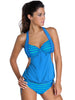 Halter Hollow Out Striped Blouson Tankini Set
