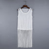 Trendy Round Collar Sleeveless See-through Slim Tassel Hollow Out T-shirt for Women