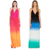 Bohemian Plunging Neck Hollow Out Elastic Waist Ombre Print Dress for Women