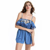 Spaghetti Strap Embroidery Overlay Short Denim Romper