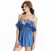 Spaghetti Strap Embroidery Overlay Short Denim Romper