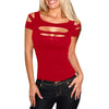 Women Sexy Scoop Collar Short Sleeve Cut Out Pure Color T-Shirt