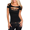 Women Sexy Scoop Collar Short Sleeve Cut Out Pure Color T-Shirt