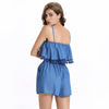 Spaghetti Strap Embroidery Overlay Short Denim Romper
