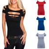 Women Sexy Scoop Collar Short Sleeve Cut Out Pure Color T-Shirt