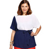 Chic Short Sleeve Color Block Waist Tied Plus Size Blouse For Women