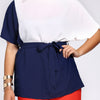 Chic Short Sleeve Color Block Waist Tied Plus Size Blouse For Women