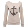 Fashionable Skew Collar Long Sleeve Achor Print Loose-Fitting Ladies T-Shirt