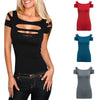 Women Sexy Scoop Collar Short Sleeve Cut Out Pure Color T-Shirt
