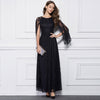 Elegant Round Collar Flare Sleeve Lace Sash Waist Black Maxi Party Dress for Women