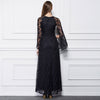 Elegant Round Collar Flare Sleeve Lace Sash Waist Black Maxi Party Dress for Women