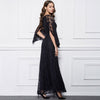 Elegant Round Collar Flare Sleeve Lace Sash Waist Black Maxi Party Dress for Women