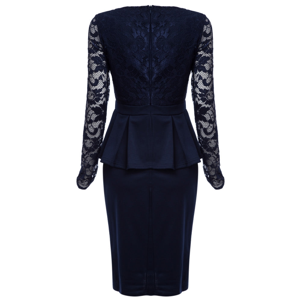 V Neck Long Sleeve See-through Lace Spliced Women Dress